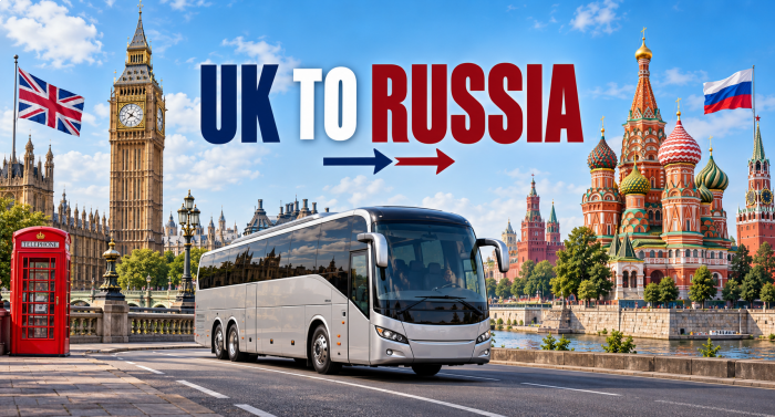 UK to Russia by coach UK to Russia by coach – illustrated banner with London, Moscow and a touring coach